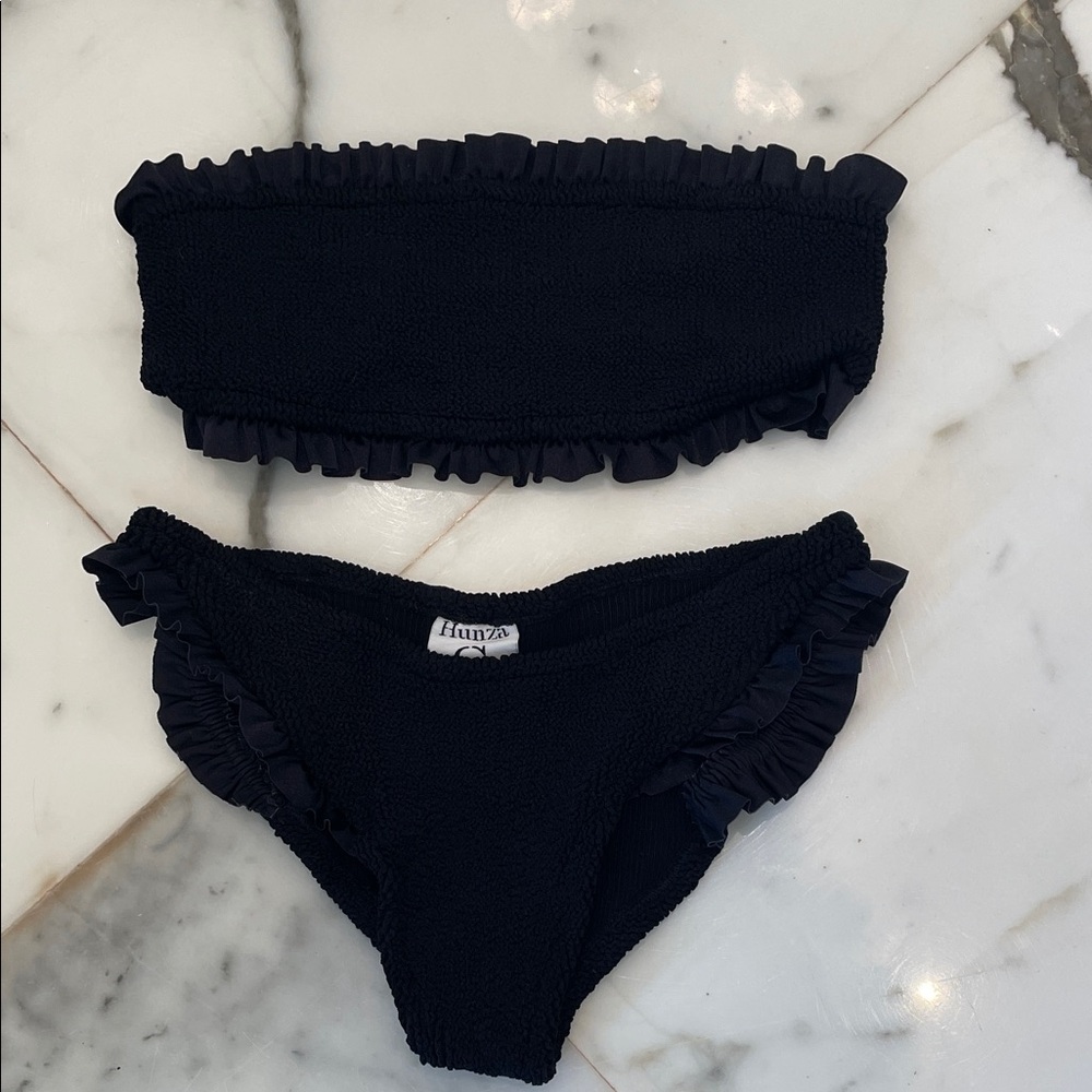 Hunza G Black Textured Ruffle Bandeau Bikini Set